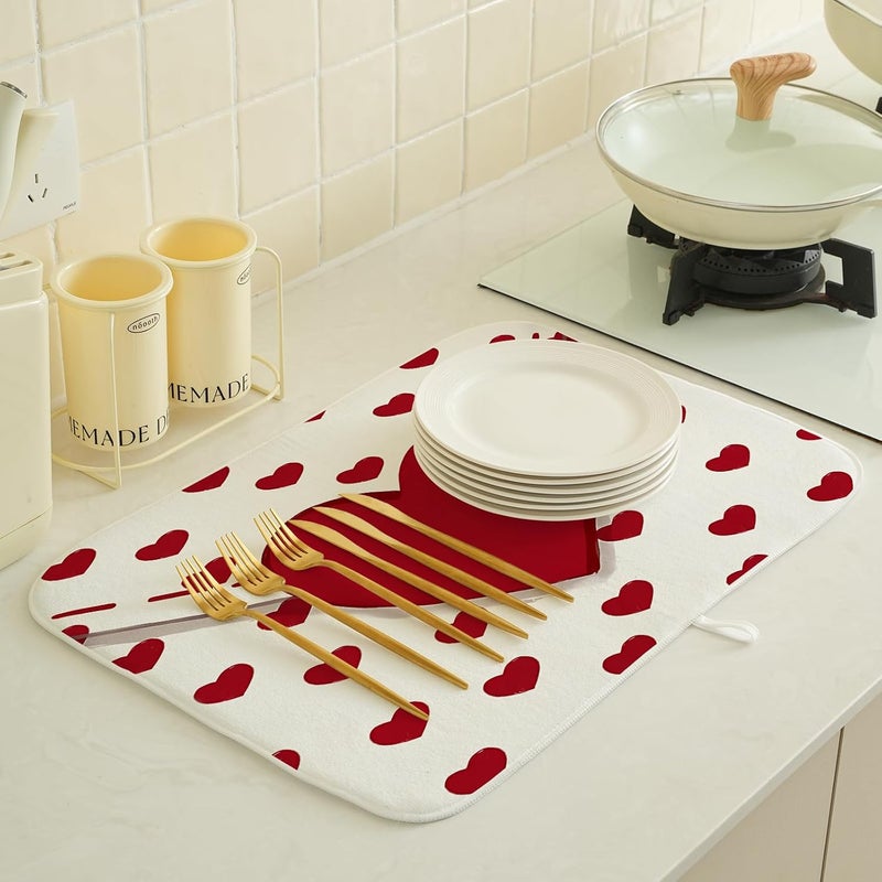 Sorktse Valentines Dish Drying Mat 18x24 Inch Red Hearts Dish Drainer Protector Pad for Kitchen Counter Absorbent Holiday Love Drying Pad for Drainer Rack Kitchen Fast Dry - Image 2