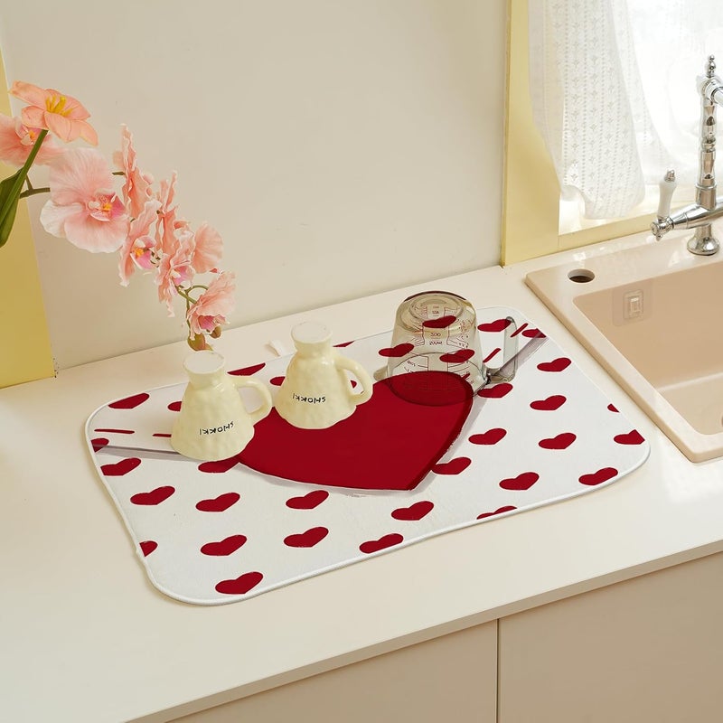 Sorktse Valentines Dish Drying Mat 18x24 Inch Red Hearts Dish Drainer Protector Pad for Kitchen Counter Absorbent Holiday Love Drying Pad for Drainer Rack Kitchen Fast Dry - Image 5