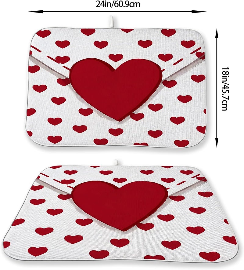 Sorktse Valentines Dish Drying Mat 18x24 Inch Red Hearts Dish Drainer Protector Pad for Kitchen Counter Absorbent Holiday Love Drying Pad for Drainer Rack Kitchen Fast Dry - Image 3