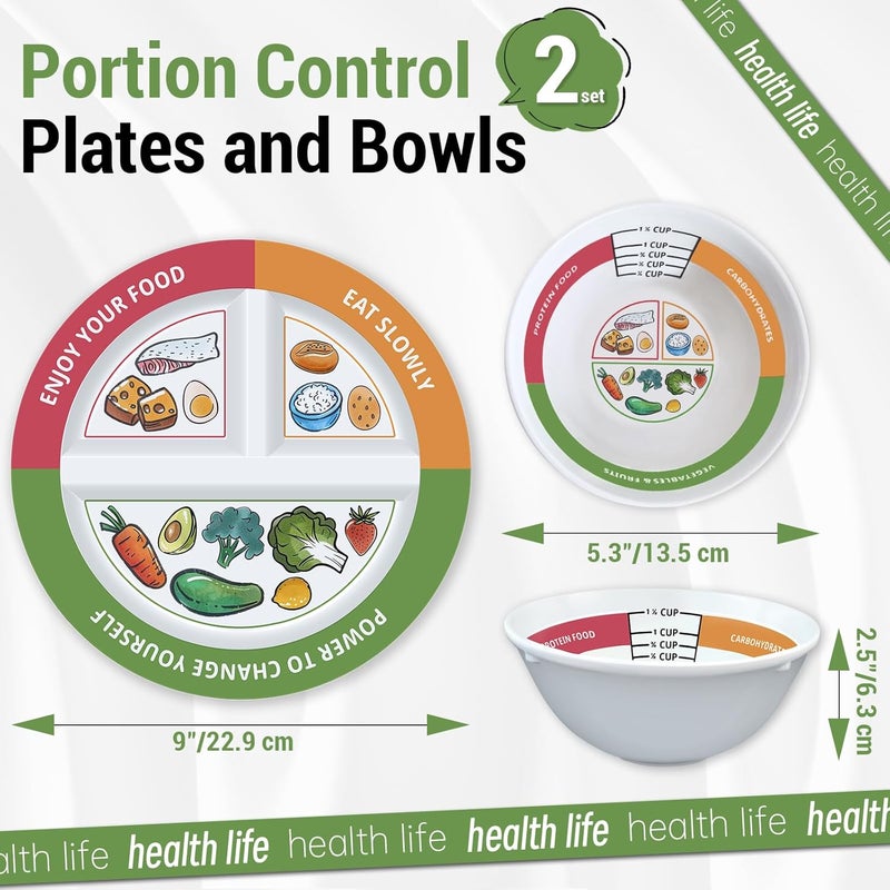 Viynran 4 Pcs Portion Control Plates & Bowls Set (9 Inch), Self-Measuring for Weight Loss, Gastric Bypass, LapBand, Diabetes, & Healthy Diets, Divided Nutrition Plates for Adults & Children - Image 2