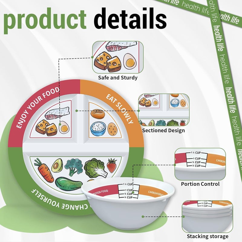 Viynran 4 Pcs Portion Control Plates & Bowls Set (9 Inch), Self-Measuring for Weight Loss, Gastric Bypass, LapBand, Diabetes, & Healthy Diets, Divided Nutrition Plates for Adults & Children - Image 3