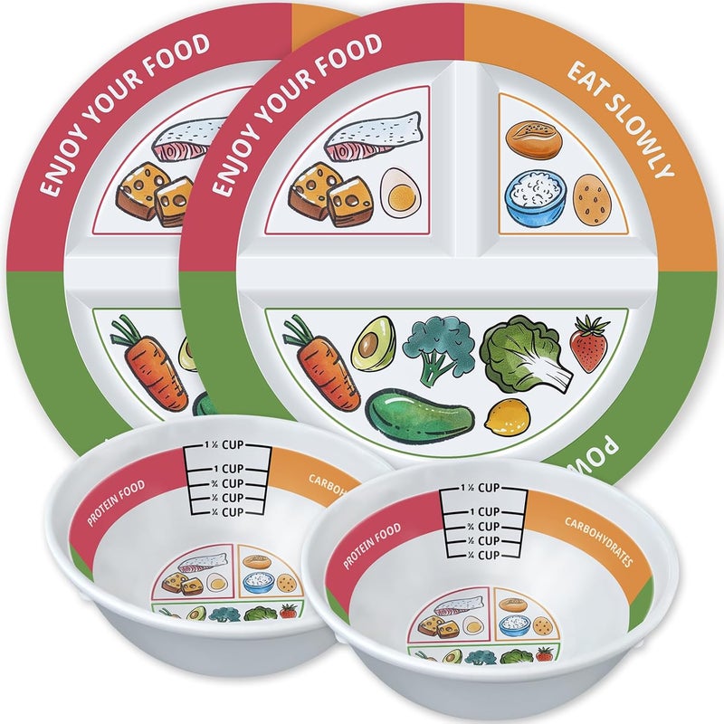 Viynran 4 Pcs Portion Control Plates & Bowls Set (9 Inch), Self-Measuring for Weight Loss, Gastric Bypass, LapBand, Diabetes, & Healthy Diets, Divided Nutrition Plates for Adults & Children - Image 1