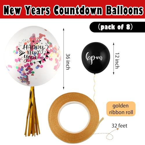 Motionchic 8 Pcs New Years Countdown Balloon 2026 36 12 Happy New Year Eve Party Decoration Balloon Kit with Golden Ribbon and Colorful Confetti Latex 2026 Countdown Party Decor Supplies - Image 5