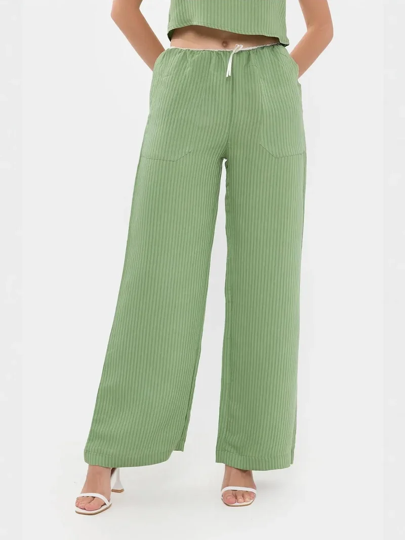 هيكاب Striped High Waist Straight Leg Pajama Bottom with a Belt Detail