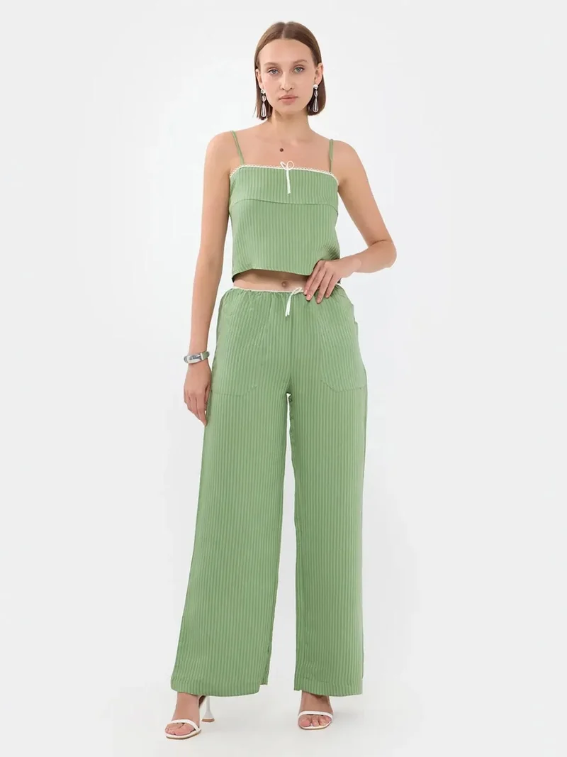 هيكاب Striped High Waist Straight Leg Pajama Bottom with a Belt Detail