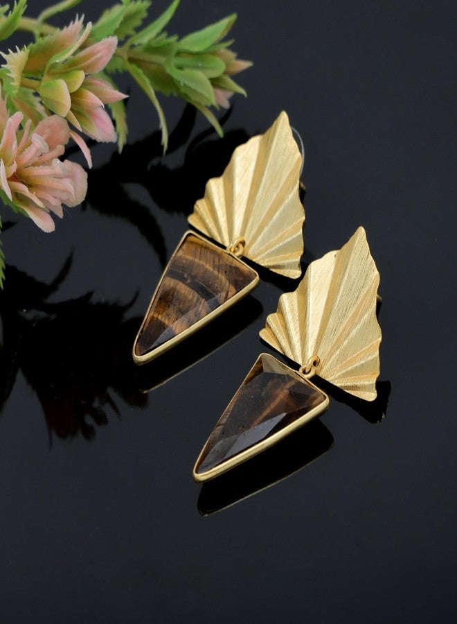 Dua Tiger Eye Triangle Earrings - Handmade Gold-Plated Boho Jewelry for Women - Image 2