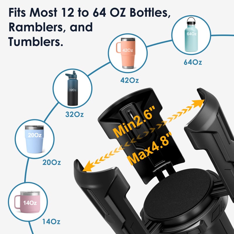 FLLIK Car Cup Holder Expander: One-Button Open, Universal, Adjustable Holder(Diameter 2.6"- 4.8"), Cup Holder Expander for Yeti, Hydro Flask, Nalgene, Takeya, Camelbak, Ramblers, Owala, Tumblers, Mugs - Image 3