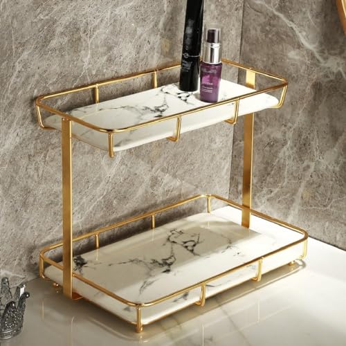 Dobbyby Bathroom Organizer Countertop Perfume Organizer Makeup Organizer Cosmetics Storage Display Rack Vanity Tray Dresser Stainless Steel Gold Shelf White Marble Ceramic Tray - Image 1