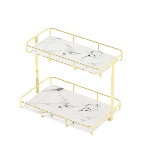 Dobbyby Bathroom Organizer Countertop Perfume Organizer Makeup Organizer Cosmetics Storage Display Rack Vanity Tray Dresser Stainless Steel Gold Shelf White Marble Ceramic Tray - Image 4