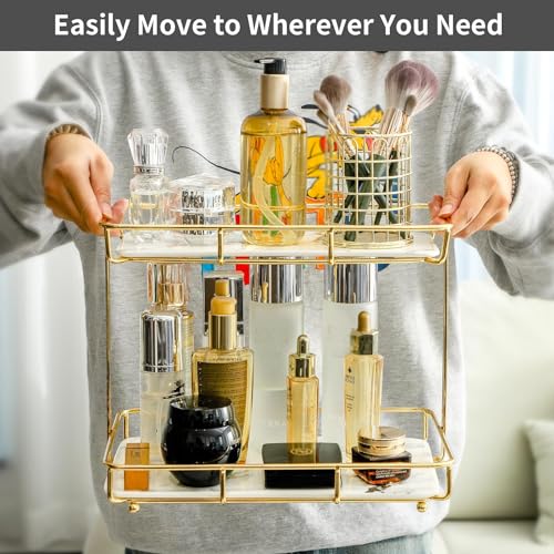Dobbyby Bathroom Organizer Countertop Perfume Organizer Makeup Organizer Cosmetics Storage Display Rack Vanity Tray Dresser Stainless Steel Gold Shelf White Marble Ceramic Tray - Image 3