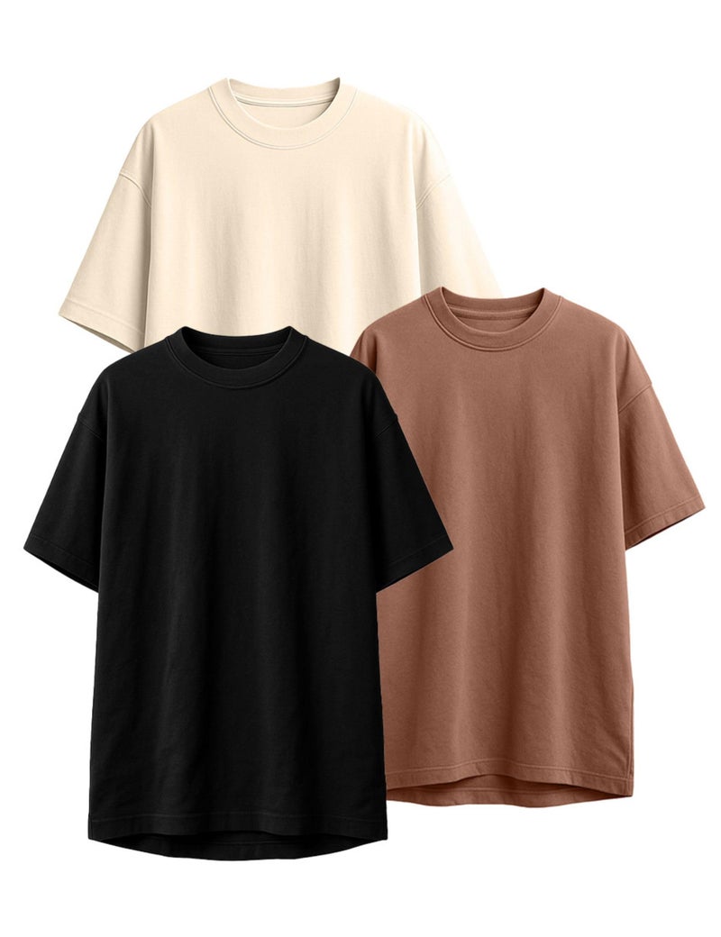 Veirdo® Pure Cotton Black & Cork & Swanwhite Oversized Fit Half Sleeve Solid Round Neck T-Shirt for Men (PO3_OS_BK_CR_SW_XXL) - Image 1