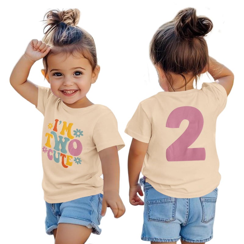KEKEMI Birthday Shirt for Toddler Girl Iâ€™M Two Cute Birthday Girl T-Shirt 2T B-Day Party Outfit Short Sleeve Tee Tops Clothes(Beige,2T) - Image 1