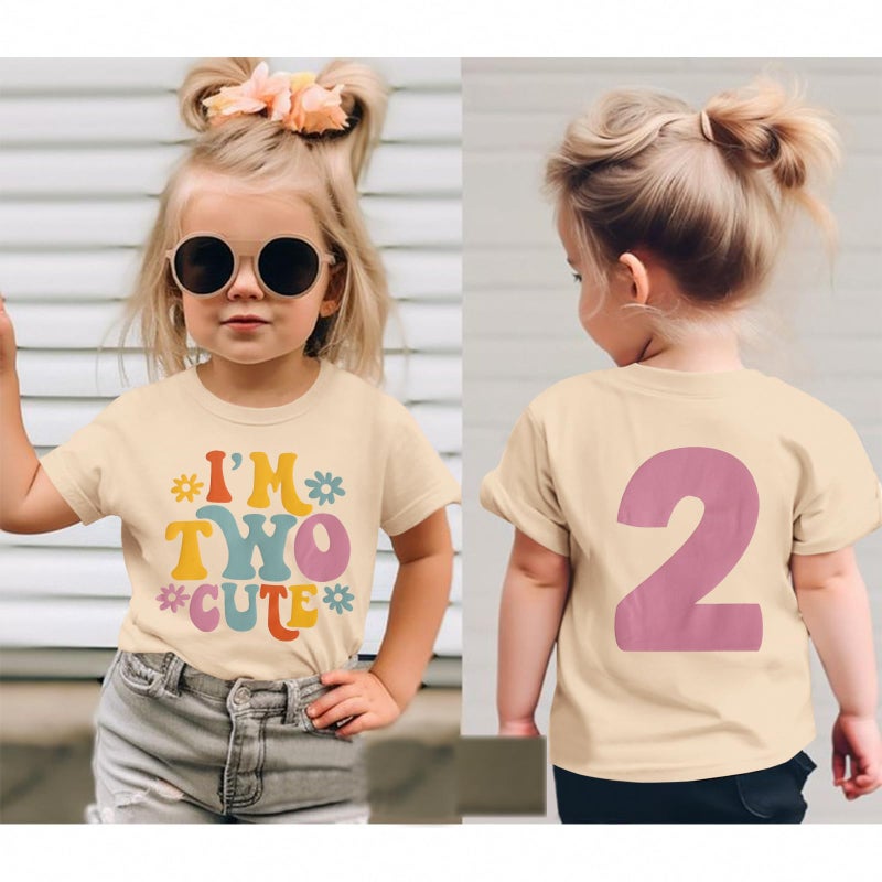 KEKEMI Birthday Shirt for Toddler Girl Iâ€™M Two Cute Birthday Girl T-Shirt 2T B-Day Party Outfit Short Sleeve Tee Tops Clothes(Beige,2T) - Image 2
