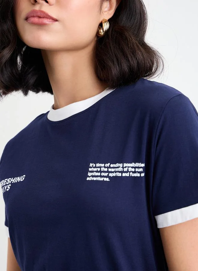 Styli Styli Women Navy Slogan Print Regular Fit T-Shirt