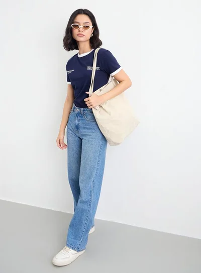Styli Styli Women Navy Slogan Print Regular Fit T-Shirt