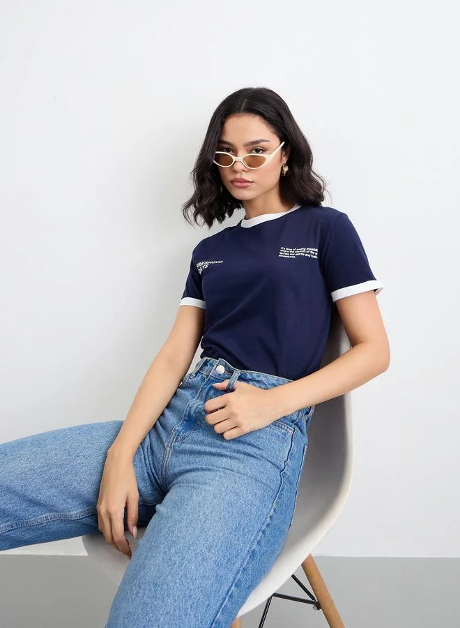 Styli Styli Women Navy Slogan Print Regular Fit T-Shirt