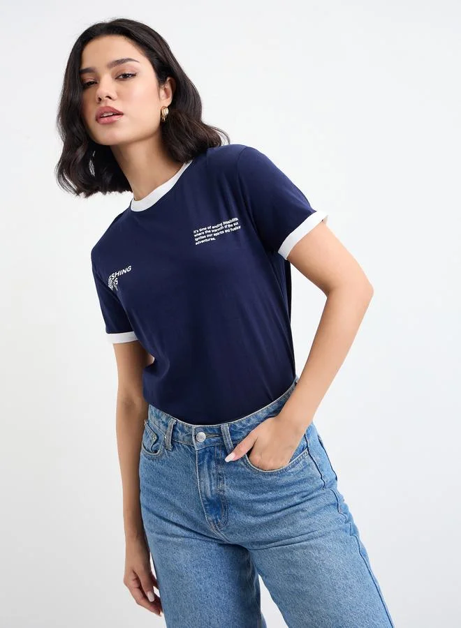 Styli Women Navy Slogan Print Regular Fit T-Shirt