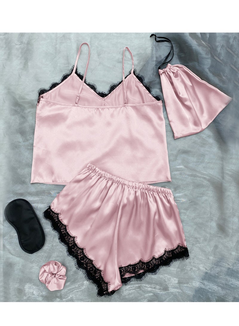 Loquat Women's Imitation Silk Lace Stitching 5-Piece Set Nightgown Sleepwear Suspender Top,Shorts, Eyeshade,Storage Bag And Rubber Band Soft Loungewear Pajamas Suit Pink  - Image 2