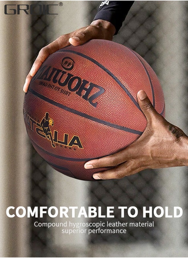 GROIC Basketball Official Regulation Size 7 (29.5''), Indoor/ Outdoor Court Training Basketballs Ball Games, Leather Basketball, with Pump, and Ball Needle  - Image 4