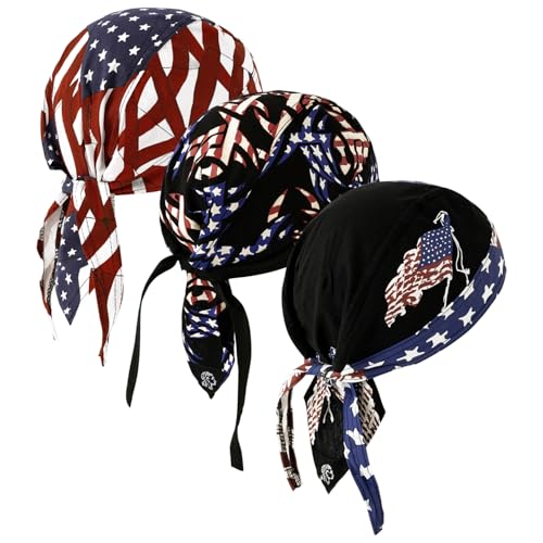 DOCILA 3 Pcs Do Rags for Men Stripe Star Skull Cap American Flag Bandana Hat Breathable Helmet Linner Beanie Patriotic Cycling Hats Veterans Memorial Gifts - Image 1