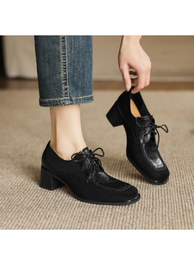 AME Simple Square-toe Lace-up Women's Leather Shoes 2025 New Patchwork Retro Chunky Heel Flats For Women - Image 2