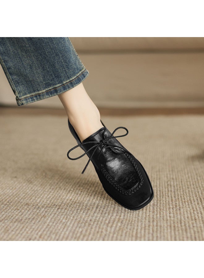 AME Simple Square-toe Lace-up Women's Leather Shoes 2025 New Patchwork Retro Chunky Heel Flats For Women - Image 3