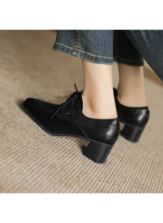 AME Simple Square-toe Lace-up Women's Leather Shoes 2025 New Patchwork Retro Chunky Heel Flats For Women - Image 4