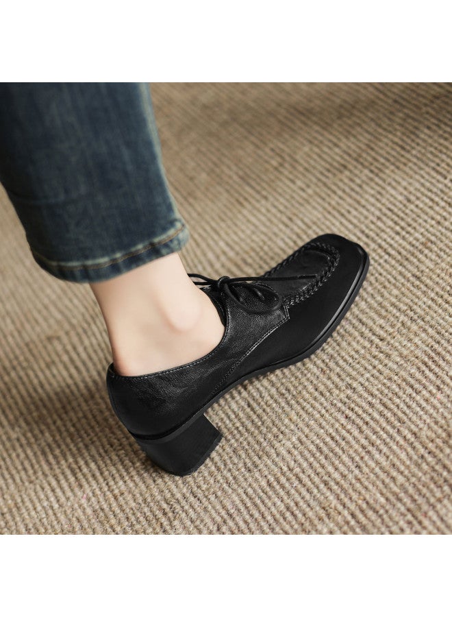 AME Simple Square-toe Lace-up Women's Leather Shoes 2025 New Patchwork Retro Chunky Heel Flats For Women - Image 5