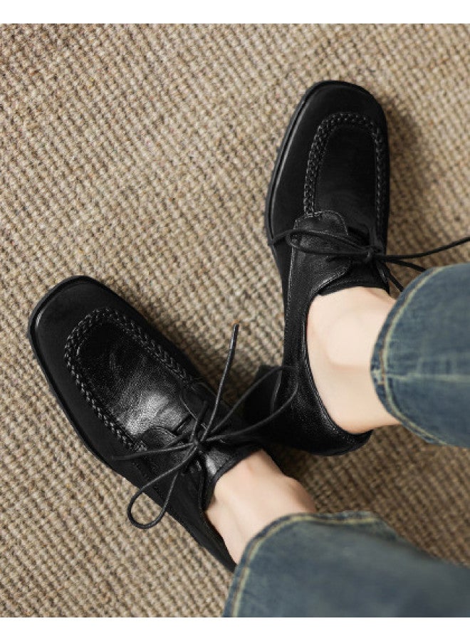 AME Simple Square-toe Lace-up Women's Leather Shoes 2025 New Patchwork Retro Chunky Heel Flats For Women - Image 1