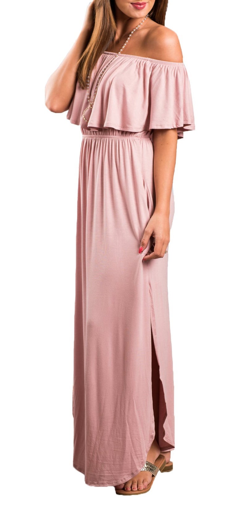 Sarin Mathews Womens Off The Shoulder Ruffle Party Dress Side Split Beach Long Maxi Dresses Pink S - Image 2