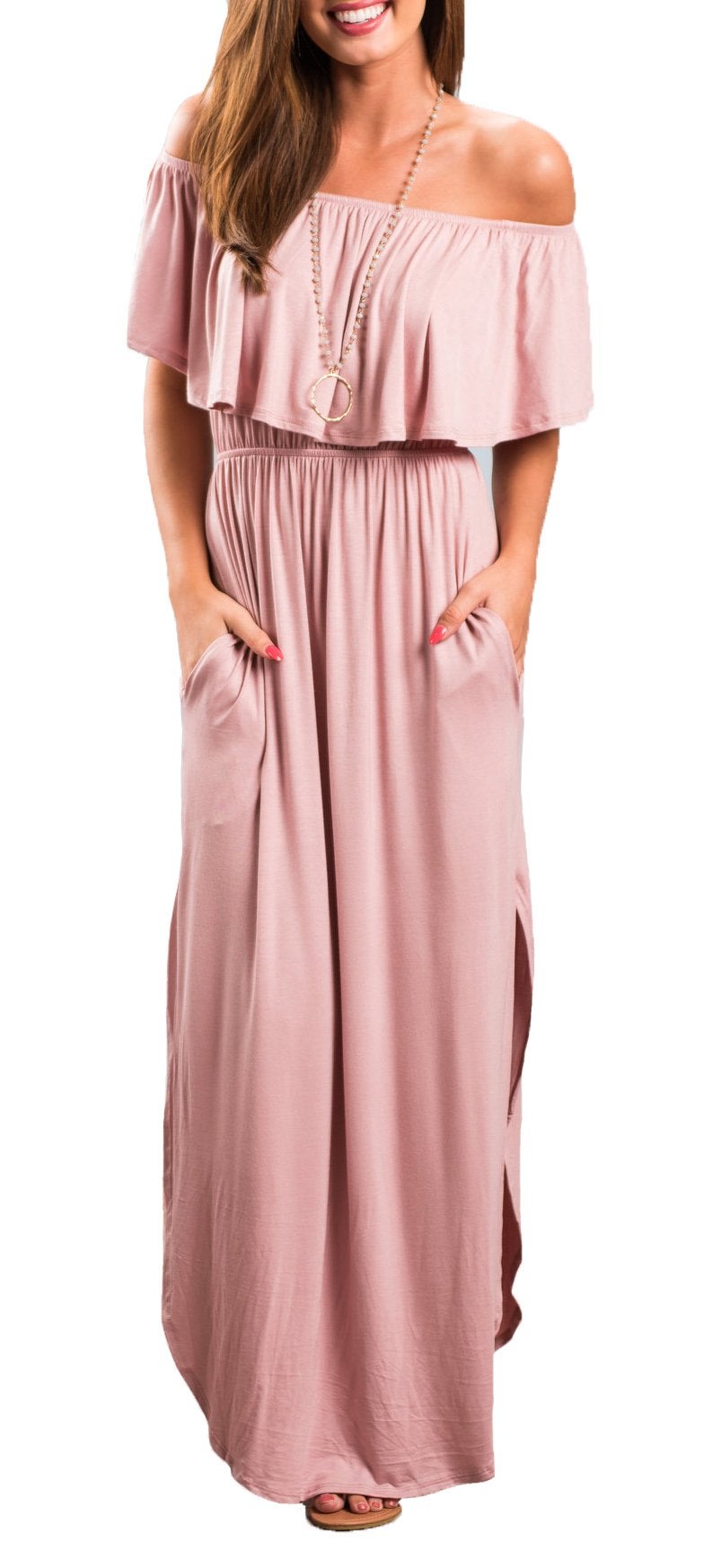 Sarin Mathews Womens Off The Shoulder Ruffle Party Dress Side Split Beach Long Maxi Dresses Pink S - Image 5