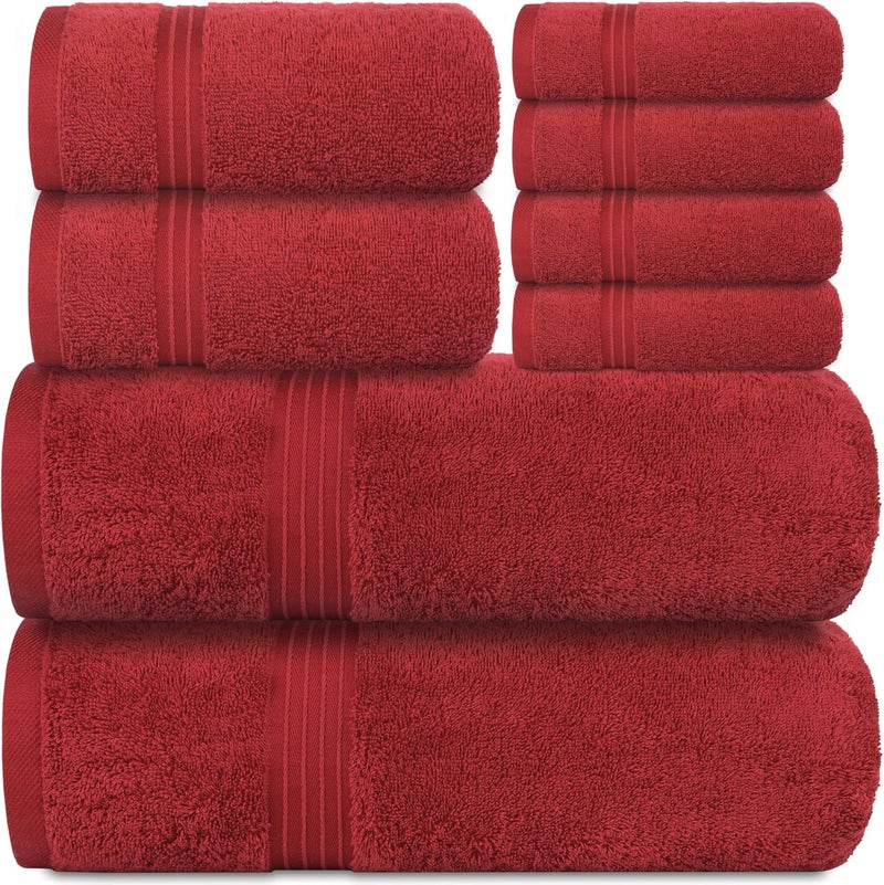طقم مناشف 8 قطع - 100% قطن مصنّف، 550 غم/م²، ناعم جداً ويمتص الماء بشكل كبير، بورغندي - Image 1