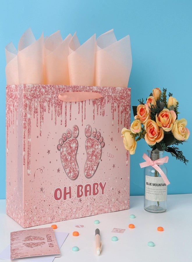 wishinside 13” Large Baby Girl Gift Bag Set with Handles, Greeting Card, Orange Tissue Papers and Stickers for Boys Kids for Baby Shower, Girls' Birthday Party, Newborn, New Moms, Little One, 1st Baby, Two-Footprints Design, 1 Pcs - Image 5