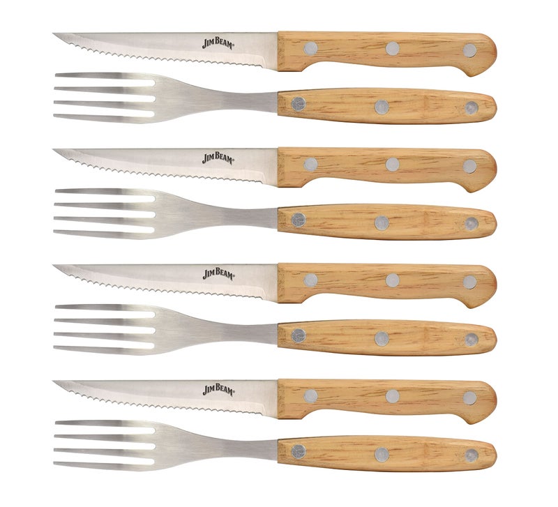 Jim Beam Set of 8 Ideal Chicken Pork and MoreSteak Knives and Forks Made of Stainless Steel Blade and Contoure Medium Light Brown JB0208