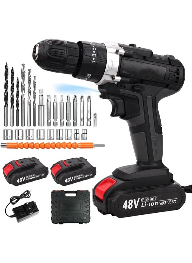 Denzoz - Cordless Drill Set 48V Power Drill Kit with 2 Pcs Battery 25+3 Position 2 Variable Speed 3/8'' Keyless Chuck Fast Charger and 24 Pcs Accessories with Case - Image 1