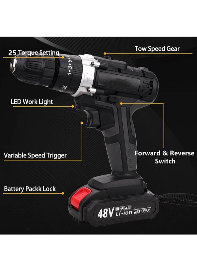 Denzoz - Cordless Drill Set 48V Power Drill Kit with 2 Pcs Battery 25+3 Position 2 Variable Speed 3/8'' Keyless Chuck Fast Charger and 24 Pcs Accessories with Case - Image 1