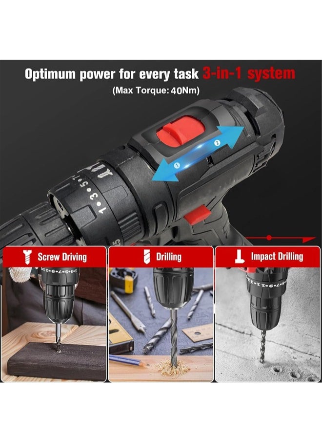 Denzoz - Cordless Drill Set 48V Power Drill Kit with 2 Pcs Battery 25+3 Position 2 Variable Speed 3/8'' Keyless Chuck Fast Charger and 24 Pcs Accessories with Case - Image 1