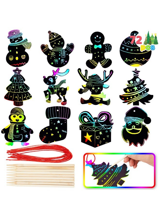 JOYIN 72 Pcs Christmas Scratch Art Ornaments, Rainbow Color Scratch Paper Craft Kit Include Snowman, Christmas Tree, and Reindeer, Scratch Off Hanging Ornament for Kids Party Favor - Image 1