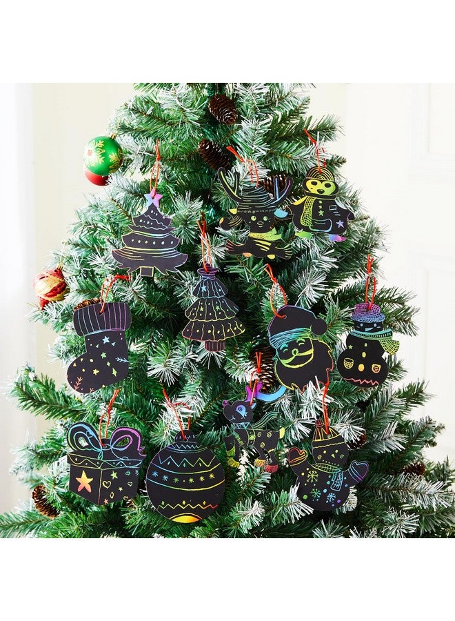 JOYIN 72 Pcs Christmas Scratch Art Ornaments, Rainbow Color Scratch Paper Craft Kit Include Snowman, Christmas Tree, and Reindeer, Scratch Off Hanging Ornament for Kids Party Favor - Image 5