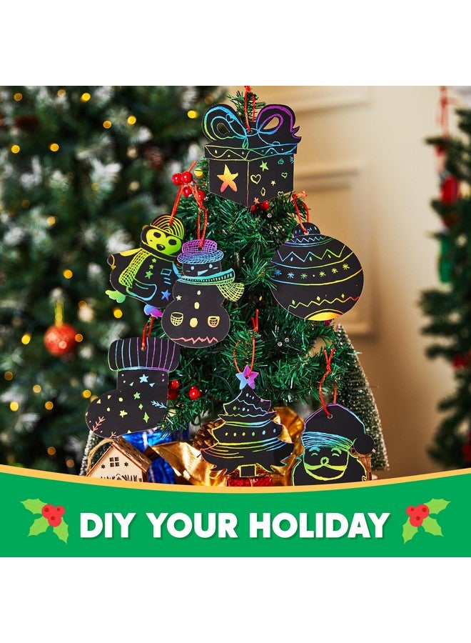 JOYIN 72 Pcs Christmas Scratch Art Ornaments, Rainbow Color Scratch Paper Craft Kit Include Snowman, Christmas Tree, and Reindeer, Scratch Off Hanging Ornament for Kids Party Favor - Image 3