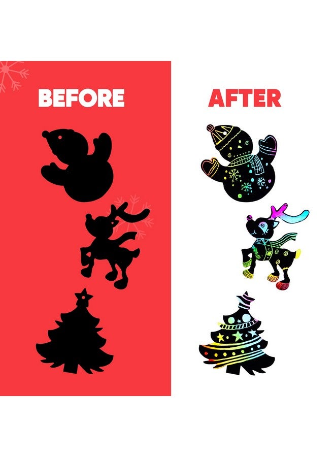 JOYIN 72 Pcs Christmas Scratch Art Ornaments, Rainbow Color Scratch Paper Craft Kit Include Snowman, Christmas Tree, and Reindeer, Scratch Off Hanging Ornament for Kids Party Favor - Image 4