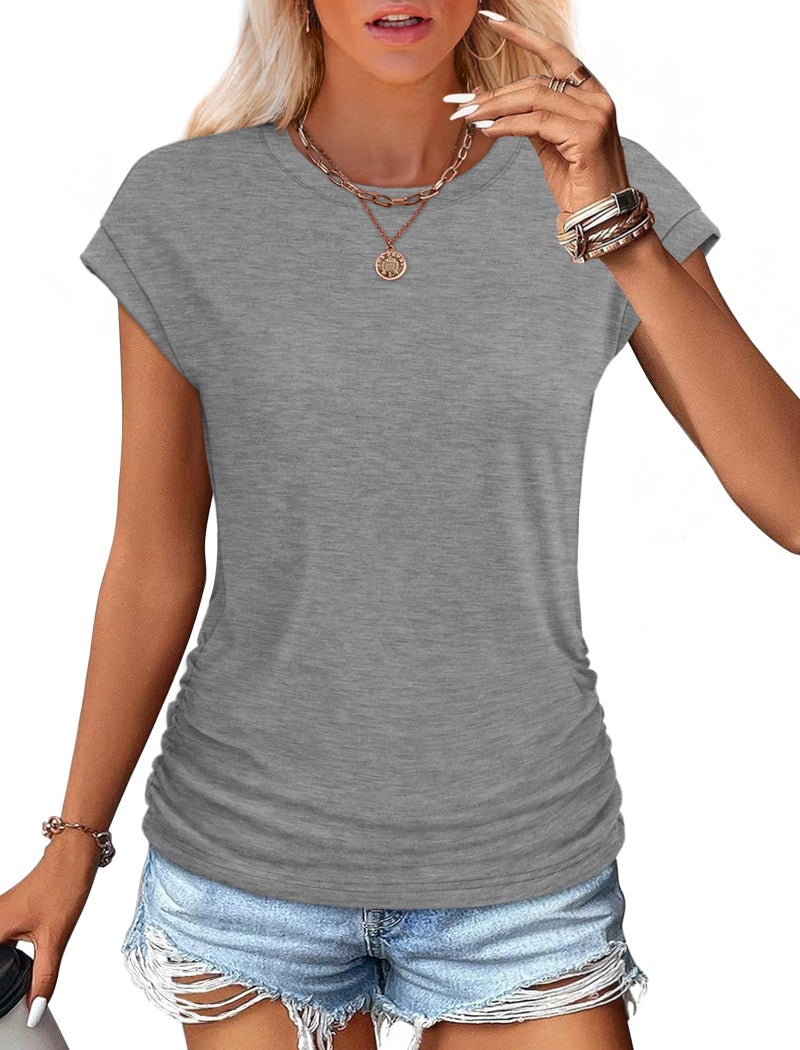 SAMPEEL Womens Shirts Dressy Business Casual Outfits Summer Ladies Short Sleeve Tops for Work Ruched Grey M - Image 2