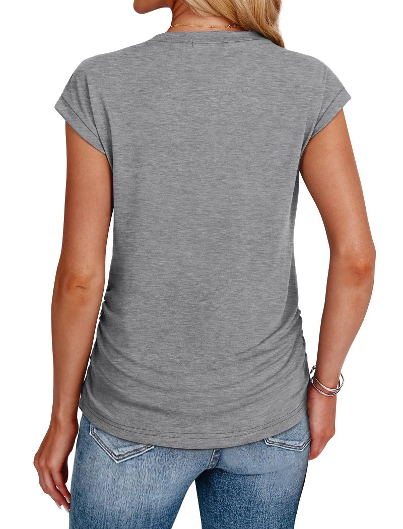 SAMPEEL Womens Shirts Dressy Business Casual Outfits Summer Ladies Short Sleeve Tops for Work Ruched Grey M - Image 5
