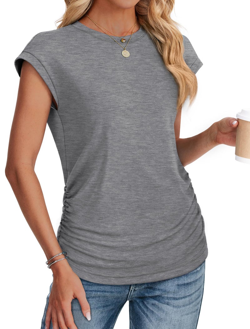 SAMPEEL Womens Shirts Dressy Business Casual Outfits Summer Ladies Short Sleeve Tops for Work Ruched Grey M - Image 3