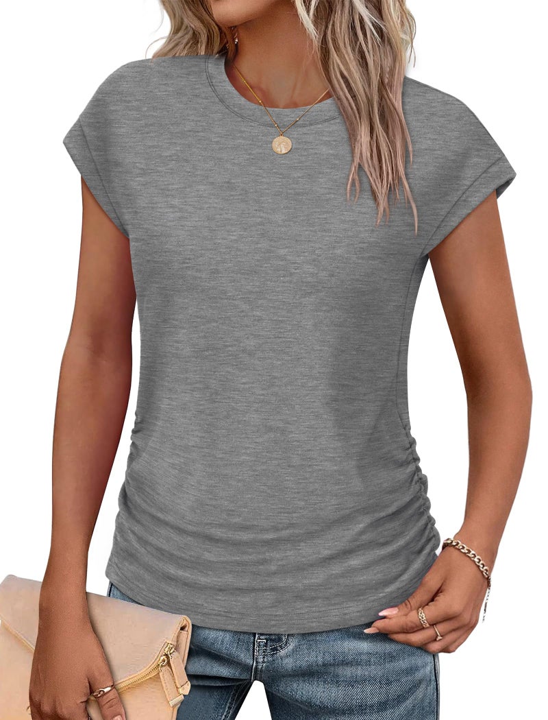 SAMPEEL Womens Shirts Dressy Business Casual Outfits Summer Ladies Short Sleeve Tops for Work Ruched Grey M - Image 1