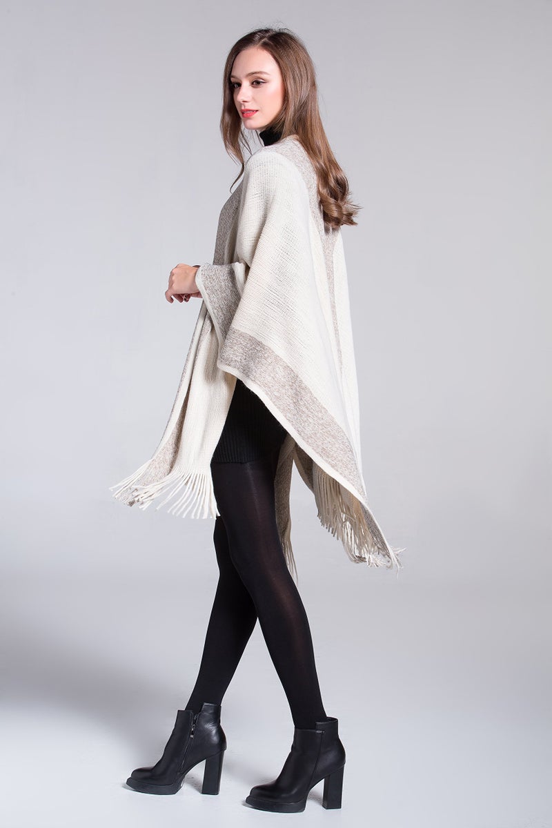 ZLYC Women's Shawl Golden Trim Knit Blanket Wrap Fringe Poncho Coat Cardigan (Khaki) - Image 4