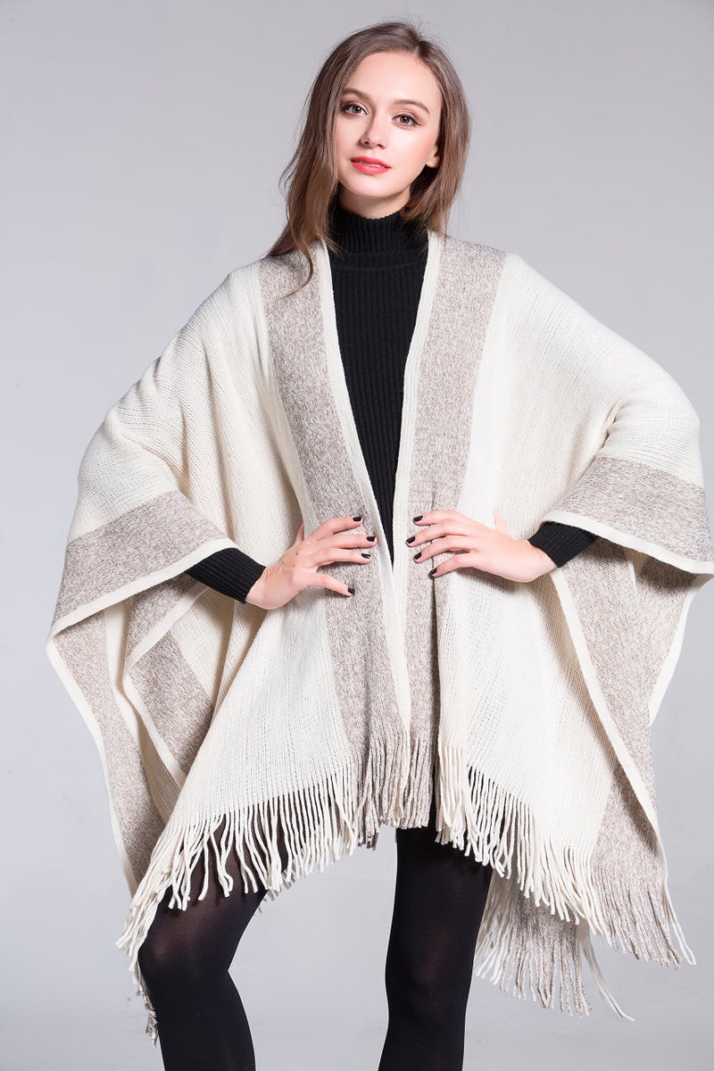 ZLYC Women's Shawl Golden Trim Knit Blanket Wrap Fringe Poncho Coat Cardigan (Khaki) - Image 2