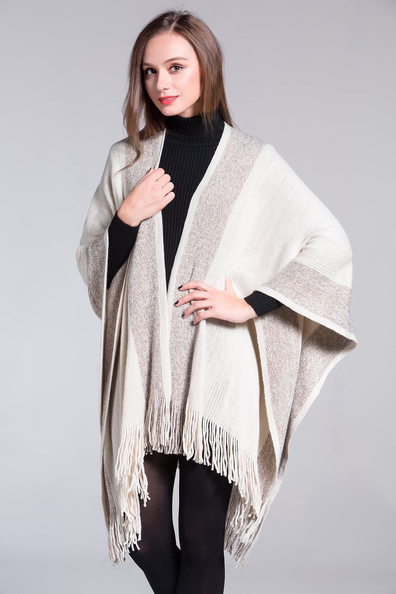 ZLYC Women's Shawl Golden Trim Knit Blanket Wrap Fringe Poncho Coat Cardigan (Khaki) - Image 3
