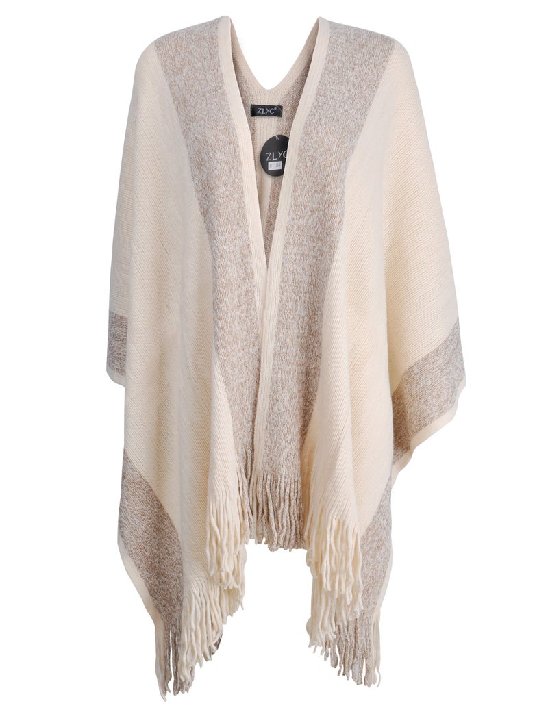 ZLYC Women's Shawl Golden Trim Knit Blanket Wrap Fringe Poncho Coat Cardigan (Khaki) - Image 1