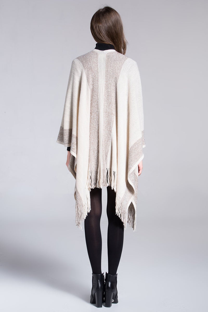 ZLYC Women's Shawl Golden Trim Knit Blanket Wrap Fringe Poncho Coat Cardigan (Khaki) - Image 5